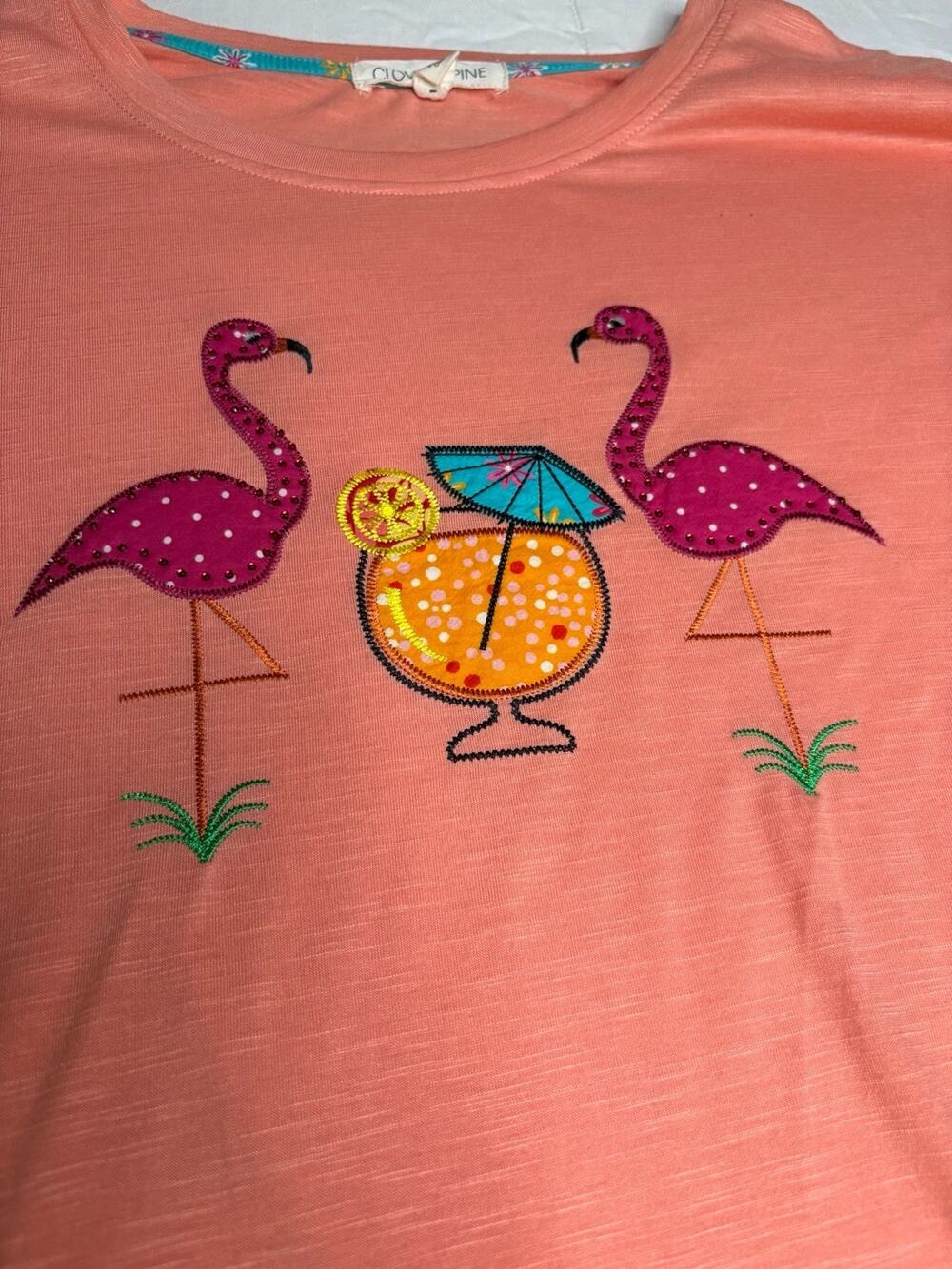 Clover + Pine Womens L Coral Flamingo Tropical Shirt Embroidered Rhinestone Top